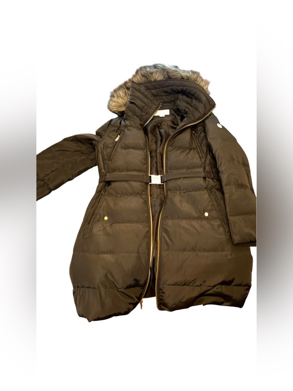 Michael Kors Dark Brown Quilted Down Coat with Faux Fur Hood